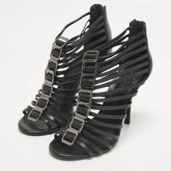 Pre Owned صندل توري برش سيور جلد قفصي أسود مقاس 37.5