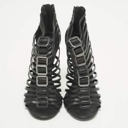 Pre Owned صندل توري برش سيور جلد قفصي أسود مقاس 37.5