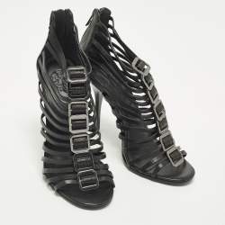 Pre Owned صندل توري برش سيور جلد قفصي أسود مقاس 37.5