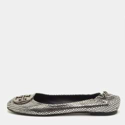 Pre Owned Tory Burch Reva Size 39 Metallic Silver/Black Leather Ballet Flats