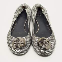 Pre Owned Tory Burch Reva Size 39 Metallic Silver/Black Leather Ballet Flats