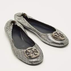Pre Owned Tory Burch Reva Size 39 Metallic Silver/Black Leather Ballet Flats