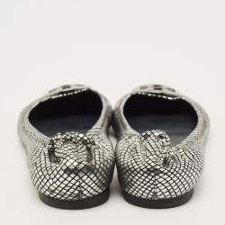 Pre Owned Tory Burch Reva Size 39 Metallic Silver/Black Leather Ballet Flats