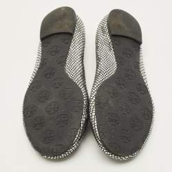 Pre Owned Tory Burch Reva Size 39 Metallic Silver/Black Leather Ballet Flats