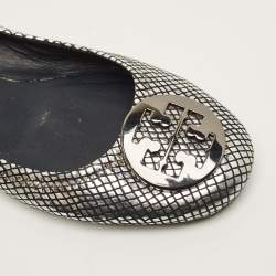 Pre Owned Tory Burch Reva Size 39 Metallic Silver/Black Leather Ballet Flats