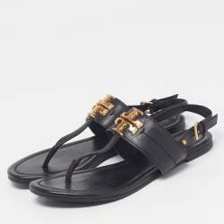 Pre Owned Tory Burch Size 36 Black Leather T Strap Thong Flat Sandals