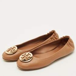 Pre Owned Tory Burch Reva Size 38.5 Brown Leather Ballet Flats