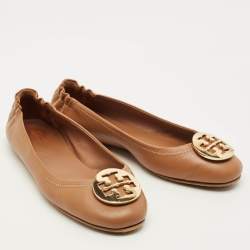 Pre Owned Tory Burch Reva Size 38.5 Brown Leather Ballet Flats