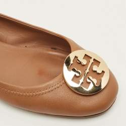 Pre Owned Tory Burch Reva Size 38.5 Brown Leather Ballet Flats