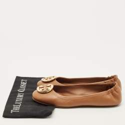 Pre Owned Tory Burch Reva Size 38.5 Brown Leather Ballet Flats