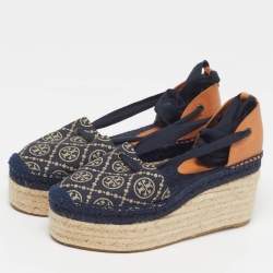 Pre Owned Tory Burch Size 38.5 Blue Denim Wedge Espadrille Sandals