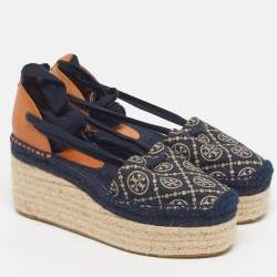 Pre Owned Tory Burch Size 38.5 Blue Denim Wedge Espadrille Sandals