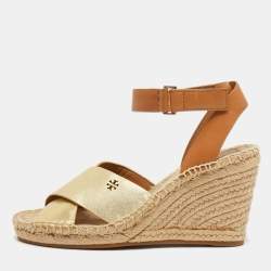 مملوكة مسبقًا صندل بكعب روكي تورى برش حزام عند الكاحل جلد ذهبي/بني مقاس 36.5