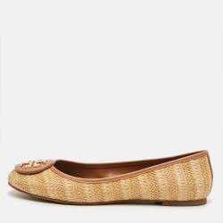 Pre Owned Tory Burch Reva Size 40.5 Beige/Brown Leather Raffia Ballet Flats