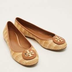 Pre Owned Tory Burch Reva Size 40.5 Beige/Brown Leather Raffia Ballet Flats