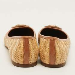 Pre Owned Tory Burch Reva Size 40.5 Beige/Brown Leather Raffia Ballet Flats