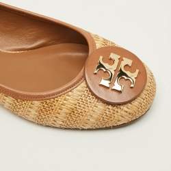 Pre Owned Tory Burch Reva Size 40.5 Beige/Brown Leather Raffia Ballet Flats