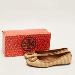 Pre Owned Tory Burch Reva Size 40.5 Beige/Brown Leather Raffia Ballet Flats