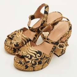 Pre Owned Tory Burch Maritine Size 37 Black/Gold Brocade Fabric Block Heel Ankle Strap Sandals