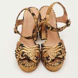 Pre Owned Tory Burch Maritine Size 37 Black/Gold Brocade Fabric Block Heel Ankle Strap Sandals