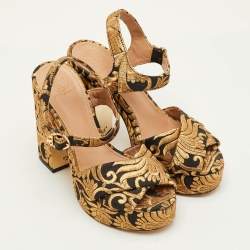 Pre Owned Tory Burch Maritine Size 37 Black/Gold Brocade Fabric Block Heel Ankle Strap Sandals