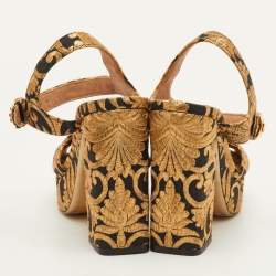 Pre Owned Tory Burch Maritine Size 37 Black/Gold Brocade Fabric Block Heel Ankle Strap Sandals