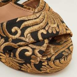 Pre Owned Tory Burch Maritine Size 37 Black/Gold Brocade Fabric Block Heel Ankle Strap Sandals