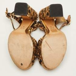 Pre Owned Tory Burch Maritine Size 37 Black/Gold Brocade Fabric Block Heel Ankle Strap Sandals