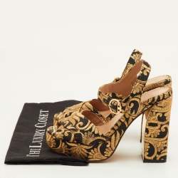 Pre Owned Tory Burch Maritine Size 37 Black/Gold Brocade Fabric Block Heel Ankle Strap Sandals