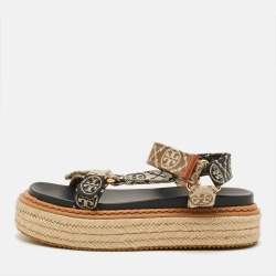 Pre Owned Tory Burch Size 35 Tricolor Monogram Canvas Espadrille Ankle Strap Flat Sandals