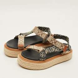 Pre Owned Tory Burch Size 35 Tricolor Monogram Canvas Espadrille Ankle Strap Flat Sandals