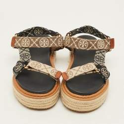 Pre Owned Tory Burch Size 35 Tricolor Monogram Canvas Espadrille Ankle Strap Flat Sandals