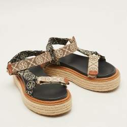 Pre Owned Tory Burch Size 35 Tricolor Monogram Canvas Espadrille Ankle Strap Flat Sandals