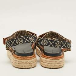 Pre Owned Tory Burch Size 35 Tricolor Monogram Canvas Espadrille Ankle Strap Flat Sandals