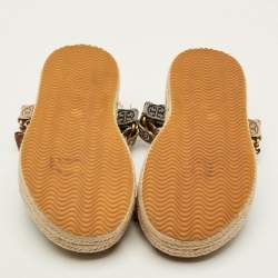 Pre Owned Tory Burch Size 35 Tricolor Monogram Canvas Espadrille Ankle Strap Flat Sandals