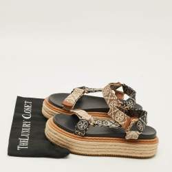 Pre Owned Tory Burch Size 35 Tricolor Monogram Canvas Espadrille Ankle Strap Flat Sandals