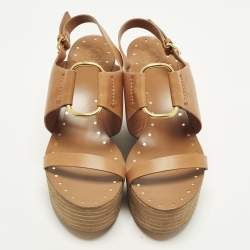 Pre Owned صندل كعب روكي توري برش ديزي برتقالي مفرغ جلد مقاس 41.5