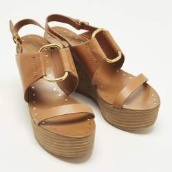 Pre Owned صندل كعب روكي توري برش ديزي برتقالي مفرغ جلد مقاس 41.5