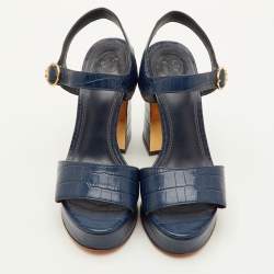 Pre Owned Tory Burch Maritine Size 37 Navy Blue Croc Embossed Leather Platform Ankle Strap Sandals