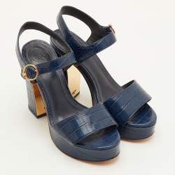 Pre Owned Tory Burch Maritine Size 37 Navy Blue Croc Embossed Leather Platform Ankle Strap Sandals