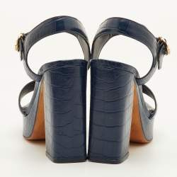 Pre Owned Tory Burch Maritine Size 37 Navy Blue Croc Embossed Leather Platform Ankle Strap Sandals