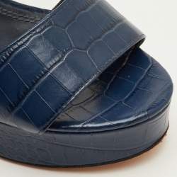 Pre Owned Tory Burch Maritine Size 37 Navy Blue Croc Embossed Leather Platform Ankle Strap Sandals