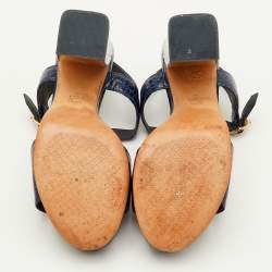 Pre Owned Tory Burch Maritine Size 37 Navy Blue Croc Embossed Leather Platform Ankle Strap Sandals