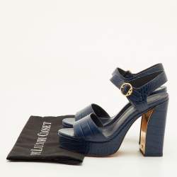 Pre Owned Tory Burch Maritine Size 37 Navy Blue Croc Embossed Leather Platform Ankle Strap Sandals