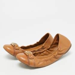 Pre Owned Tory Burch Ambrose Size 38.5 Brown Leather Scrunch  Ballet Flats