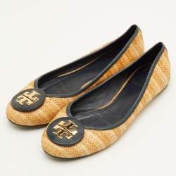 Pre Owned Tory Burch Reva Size 39.5 Beige/Dark Green Raffia and Leather Ballet Flats