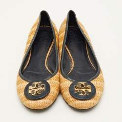 Pre Owned Tory Burch Reva Size 39.5 Beige/Dark Green Raffia and Leather Ballet Flats