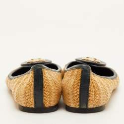 Pre Owned Tory Burch Reva Size 39.5 Beige/Dark Green Raffia and Leather Ballet Flats