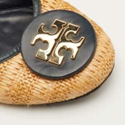 Pre Owned Tory Burch Reva Size 39.5 Beige/Dark Green Raffia and Leather Ballet Flats