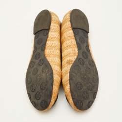 Pre Owned Tory Burch Reva Size 39.5 Beige/Dark Green Raffia and Leather Ballet Flats